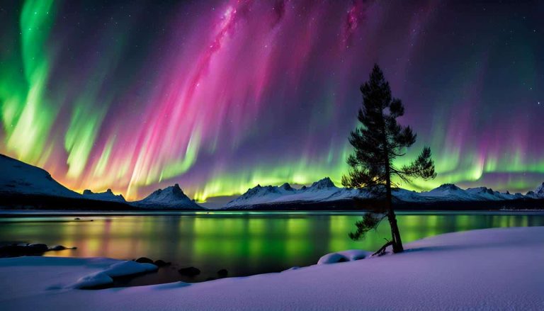 vann midtvinters med nordlys som er lille og groent.